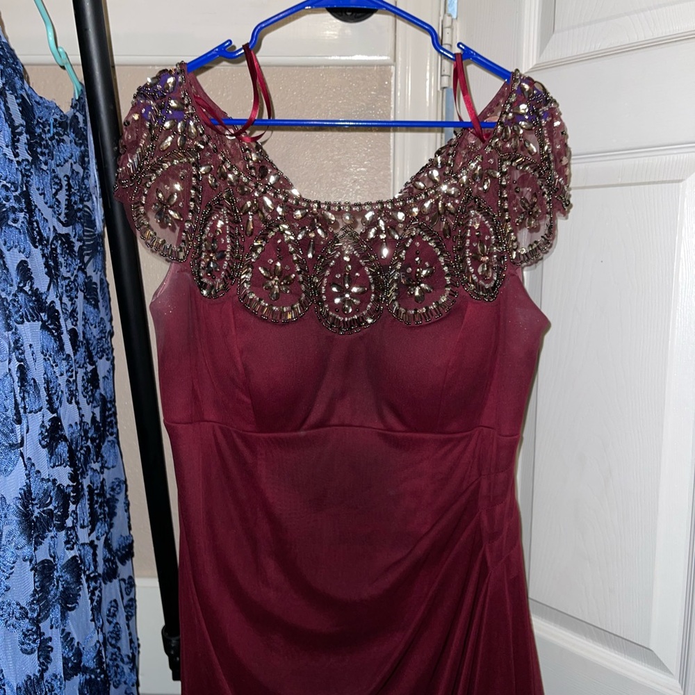 Xscape Burgundy Dress with Beaded Details